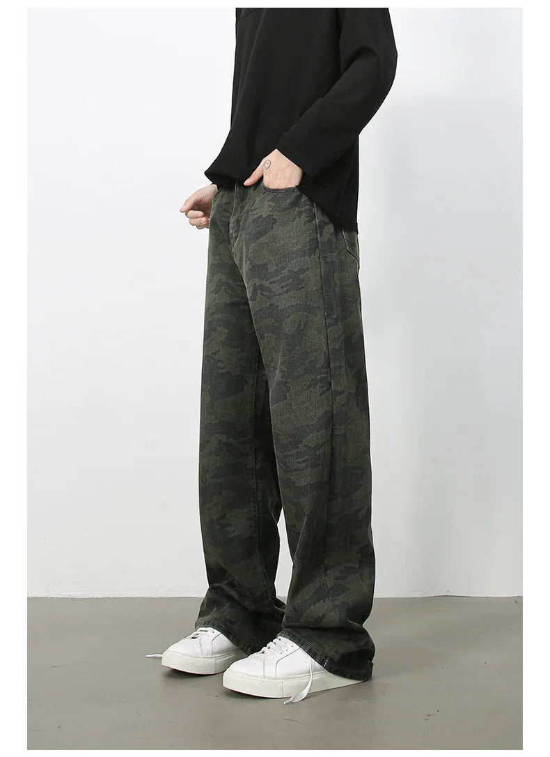 Tide Camouflage Jeans Men's Ins Loose Straight Wide Leg Casual Denim Pants Loose Male Trousers 12C2036