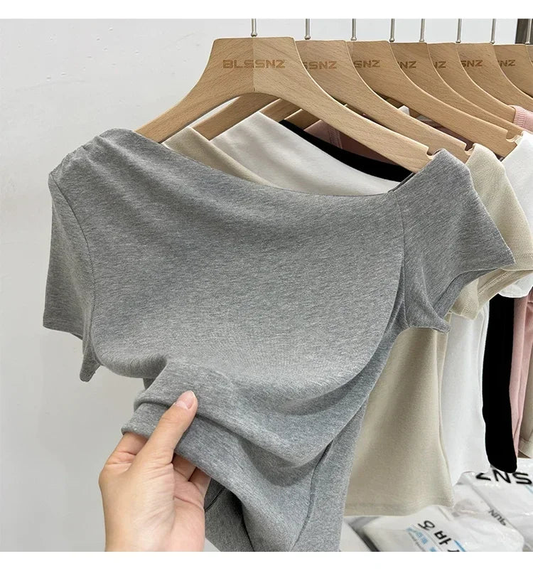 Womens Long Sleeve Off Shoulder T Shirts 2026 Tight Knit Sexy Slim Fitted Casual Women's Basic Tops Cropped T-Shirt