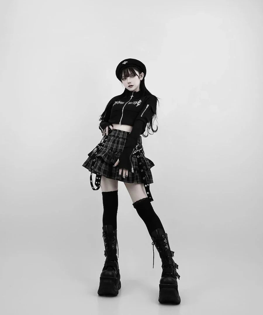 Japanese Style Mine Harajuku Punk Metal Buckle with Packet Decorative Ruffled Short Skirt Sweet Cool Girl Women's Plaid Skirt