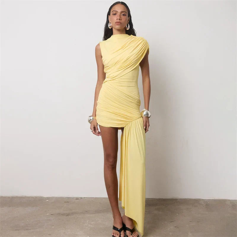 Summer Draped Ruched Sexy Mini Dress Women 2025 New Irregular High Waist Slim Fit Dress Female Elegant Club Tank Dress