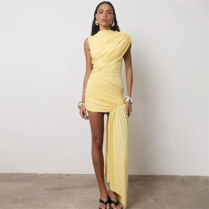 Summer Draped Ruched Sexy Mini Dress Women 2025 New Irregular High Waist Slim Fit Dress Female Elegant Club Tank Dress