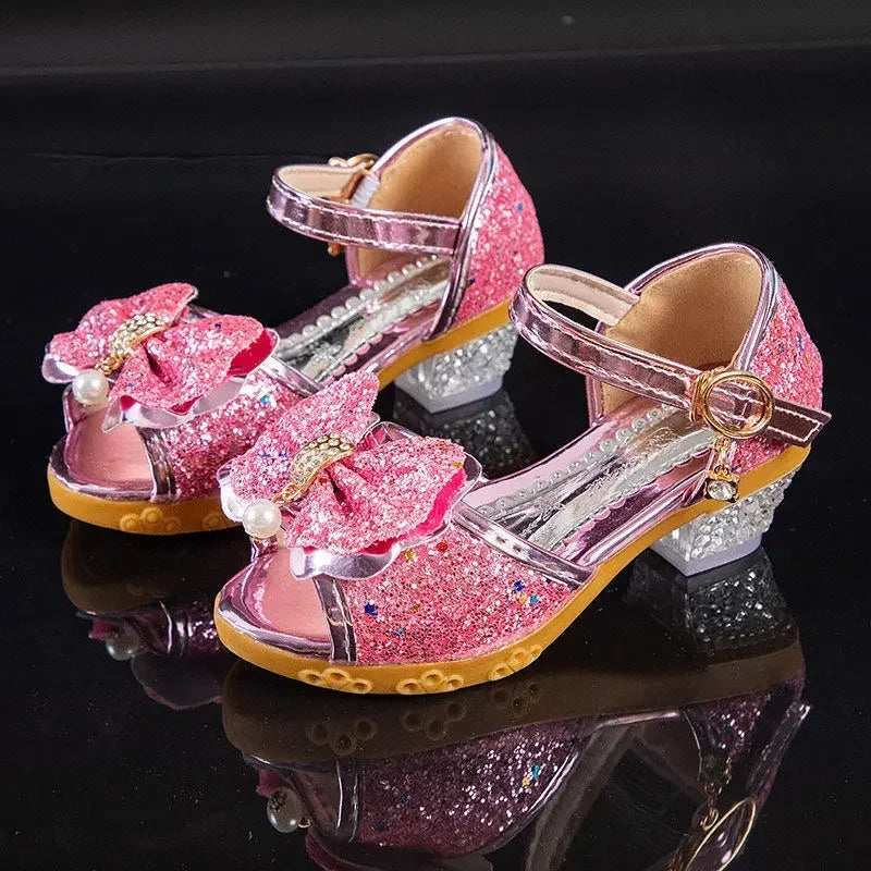 Girls Sandals Summer 2023  New Children's Princess Shoes Little Girls High-heeled Bow-knot Crystal Sandals Party Dress Wedding