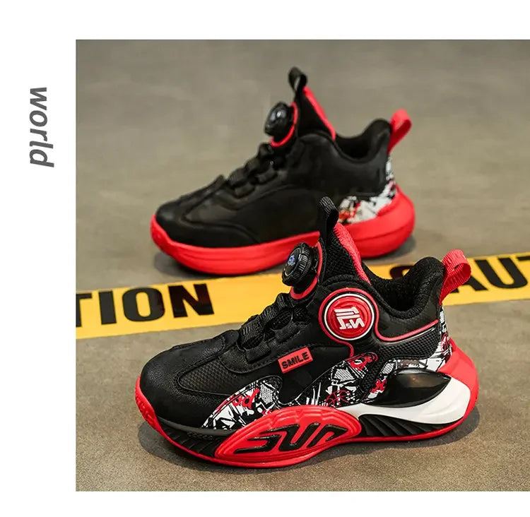 Leather Upper Children Basketball Shoes Rotatory Button Shock Absorbing Boys Shoes