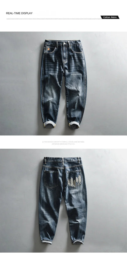 Spring New Cargo Vintage Straight Jeans for Men Clothing Soft Cotton Casual Streetwear Men Pants AG7116