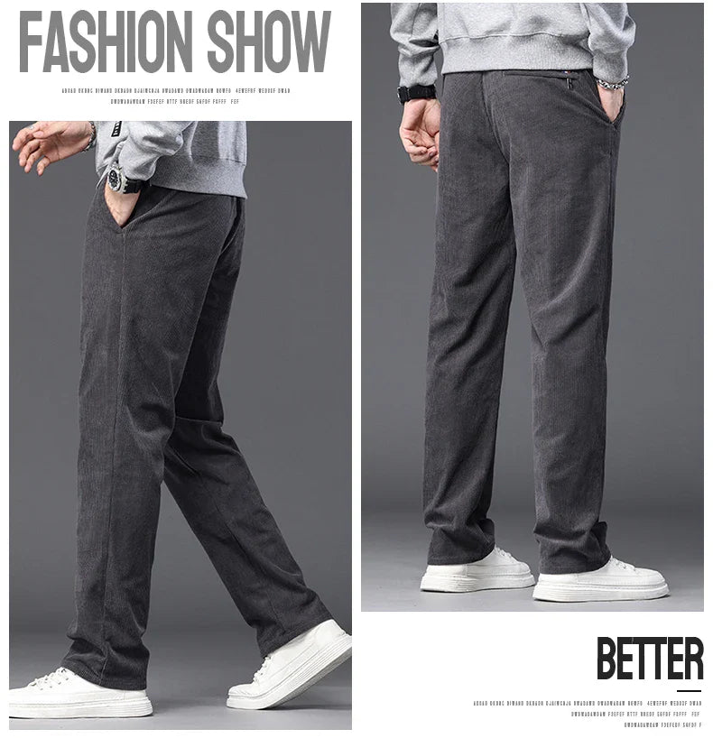 Straight Corduroy Classic Male Pants Khaki Black Gray Baggy Fashion Elastic Waist Trousers Soft Stretchy Casual Men's Clothing