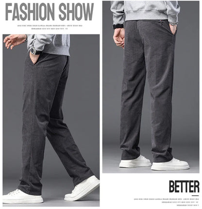 Straight Corduroy Classic Male Pants Khaki Black Gray Baggy Fashion Elastic Waist Trousers Soft Stretchy Casual Men's Clothing