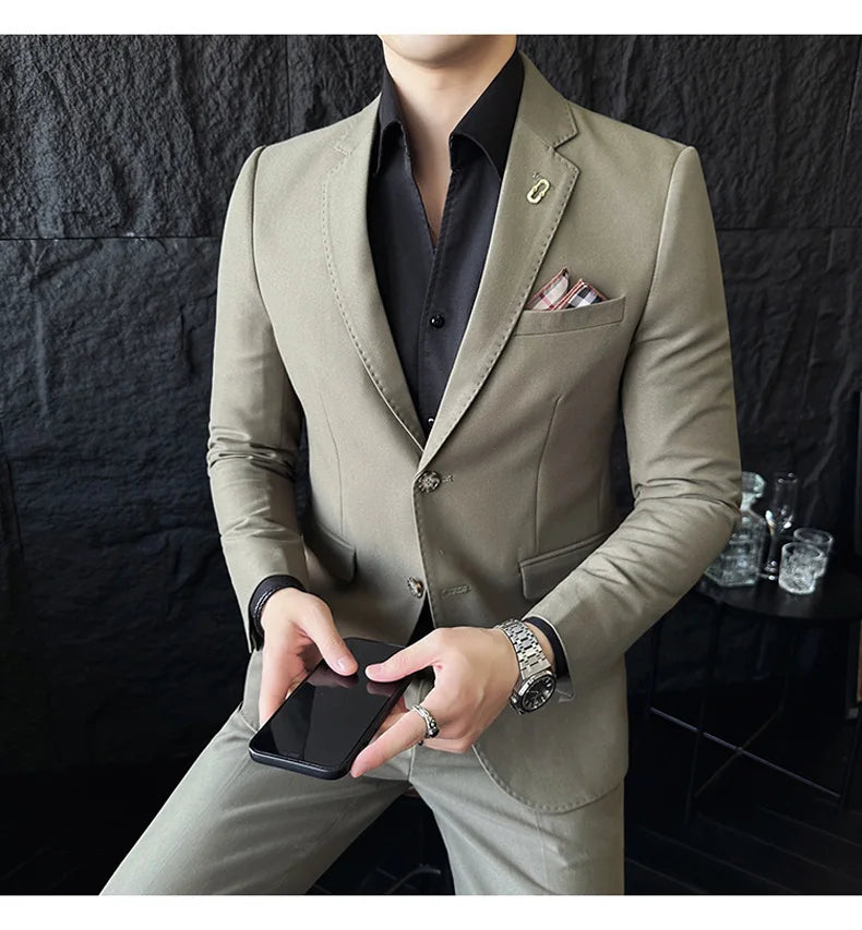 Men's Korean Style Slim Fit Suit Set, High Quality Fabric Solid Color Edge Pressing for Wedding Business