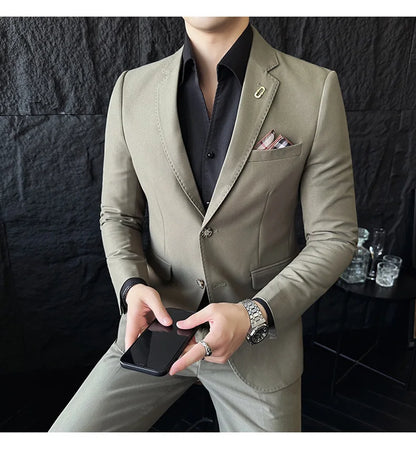 Men's Korean Style Slim Fit Suit Set, High Quality Fabric Solid Color Edge Pressing for Wedding Business