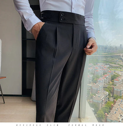 Men British Style Suits Pants New Male Solid High Waist Trousers High Quality Men Formal Slim Fit Business Casual Suit Pants