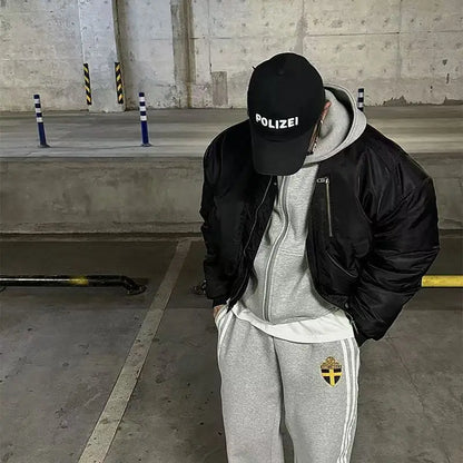 Fashion Retro Stripe Embroidery Zipper Hoodie Sweater Set Men's Two-Piece Set Hip Hood Embroidery Oversized Sweater Men's Set