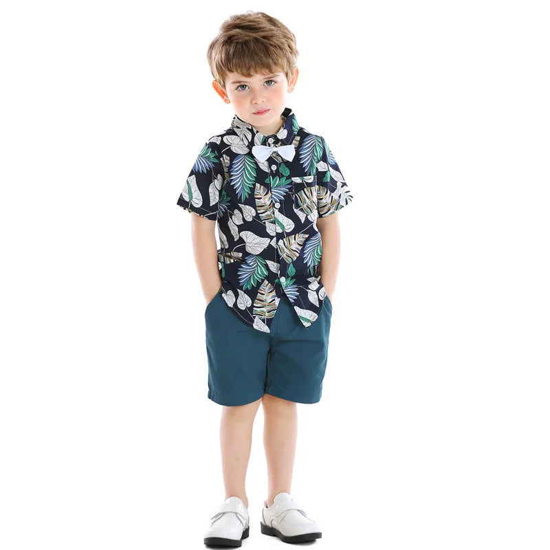 2026 Gentleman  Kids Boys Party Clothing Set Print Hawaii Style Short Sleeve Shirt +Short Pants Formal Suit Seaside Outfits 2Pcs