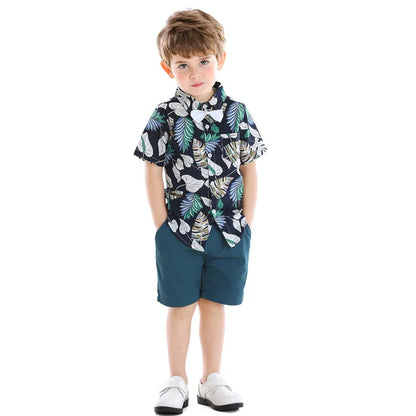 2026 Gentleman  Kids Boys Party Clothing Set Print Hawaii Style Short Sleeve Shirt +Short Pants Formal Suit Seaside Outfits 2Pcs