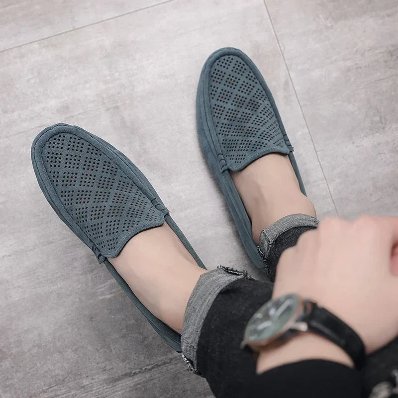 Summer Suede Men Casual Shoes Outdoor Breathable Lightweight Leather Mens Walking Shoes Anti Slip Lightweight Driving Shoes