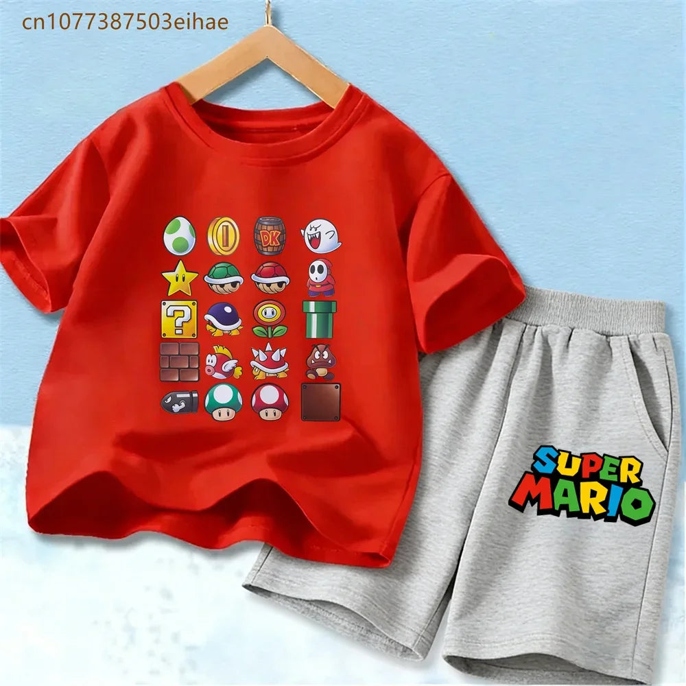 Summer Casual Kids Clothing Set Mario Cartoon Print Pure Cotton Short Sleeve Tee And Shorts 2PCS Wear For Boys Girls