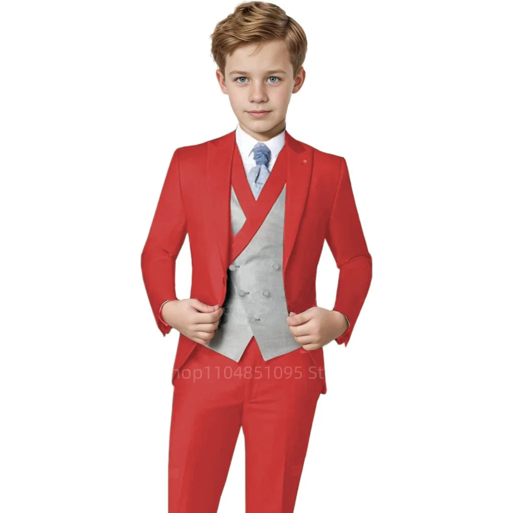 Elegant Orange Boy's Suit Set for Wedding 3 Pieces Suit Set Groom Tuxedo Sets Blazer Vest Pants Kids Guest Tuxedo Piano Suit