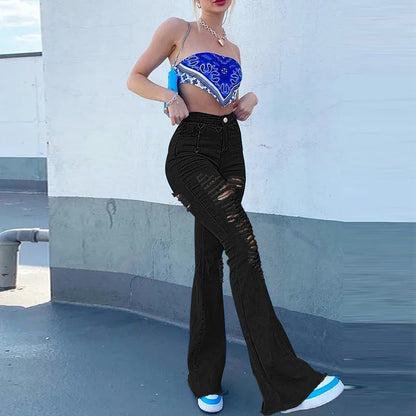 Calça Jeans Feminina Boca de Sino Preta Cintura Alta Rasgada