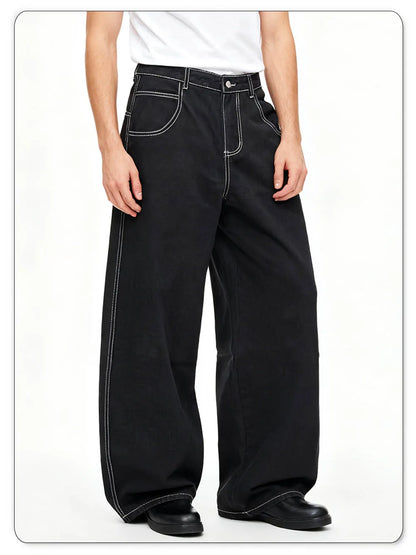Spring Summer Men's Retro Black Baggy Wide Leg Jeans American Basic Unisex Daily Casual Denim Pants Women's Black Stacked Jeans