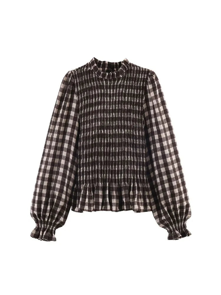 2025 Vintage Chic Brown Plaid Shirts Women Long Sleeve Blouses Fold Fashion Casual Elegant Women Tops Y2k
