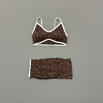 2 Pieces Leopard Print Sports Set Women Seamless Yoga Bra & High Waist Scrunch Butt Shorts Gym Workout Slim Fit Outfit