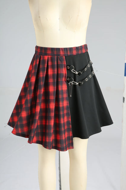 Plus Size Plaid Patchwork Grommets PU Leather Stripes Asymmetrical Skirt Female Casual Large Size Women Y2K Skirts