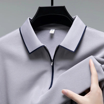 Light luxury brand long sleeved men's polo shirt autumn fashion flip collar half zipper design boutique top silk casual T-shirt