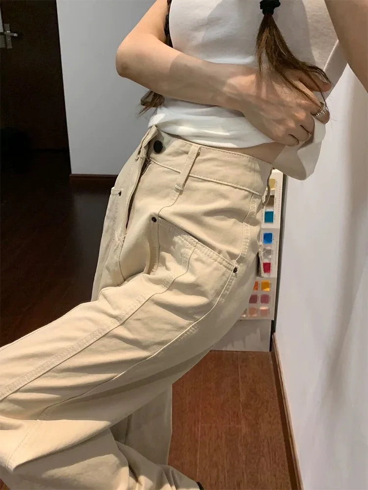 Botvotee Retro American Beige Denim Jeans for Women streetwear baggy High Waisted Flare 1950s/1960s Jeans Vintage Cargo Pants