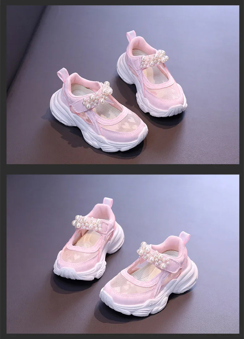 Girls Tennis Shoes Mesh Hollowed 2024 Summer New Children Solid Color Pearl Sports Shoes Kids Princess Sneakers Cute Heart