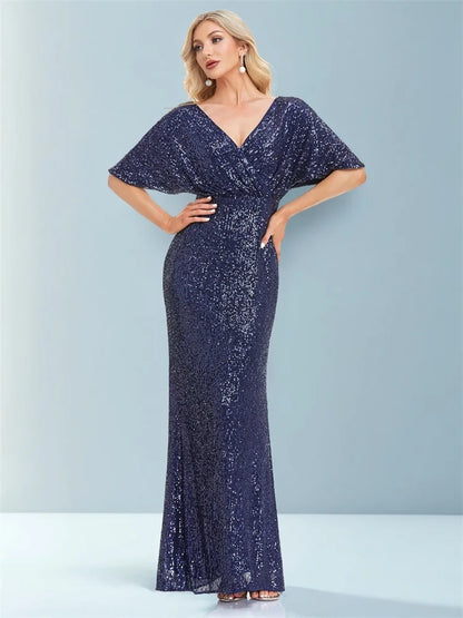 Women Elegant V-neck Luxury Evening Dress Sexy Sequin Mermaid Dress Floor Lenght Prom Blue Party Dress vestido