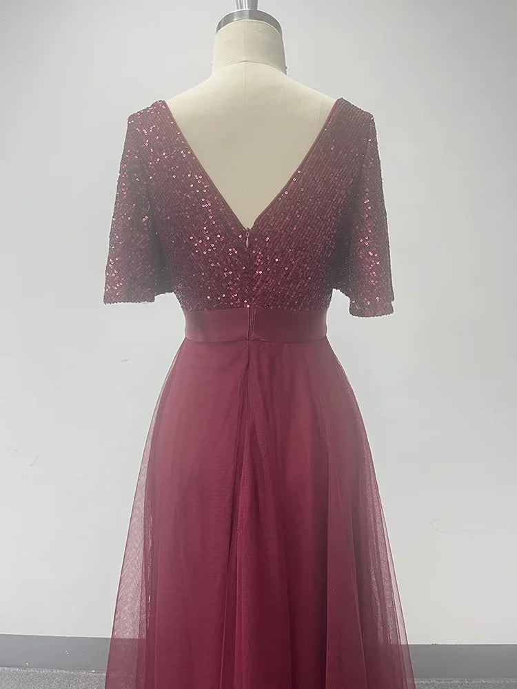 Vestido de Gala Elegante Feminino com Decote em V, Babados, Manga Curta, Evasê, Gaze Fofa e Bainha Irregular