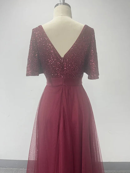 Vestido de Gala Elegante Feminino com Decote em V, Babados, Manga Curta, Evasê, Gaze Fofa e Bainha Irregular