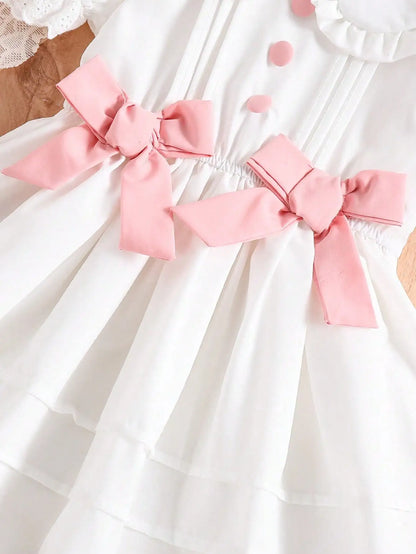 Little Girl's Romantic and Elegant White Princess-Style Dress, Decorated with Bows, Stylish Puff Sleeves, Suitable for Birthday Parties, Holiday Events, and Photography. Suitable for Little Girls Aged 4-7, for Spring a