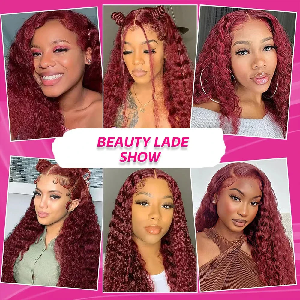 13x6 99j Burgundy Lace Front Wigs Human Hair Deep Wave 250 Density Transparent Frontal Wigs Pre Plucked Red Curly Wigs for Women