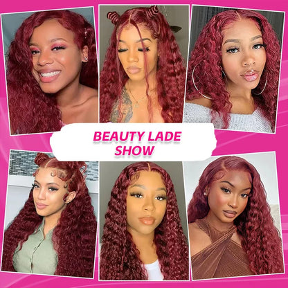 13x6 99j Burgundy Lace Front Wigs Human Hair Deep Wave 250 Density Transparent Frontal Wigs Pre Plucked Red Curly Wigs for Women