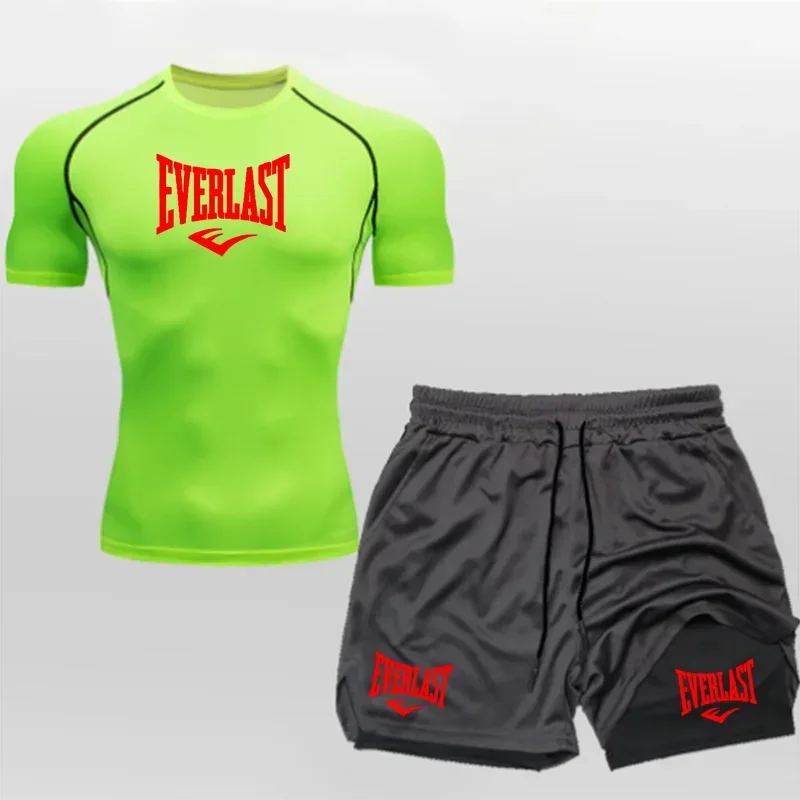 Men's Compress Shirt + 2-in-1 sports shorts 2pcs Set Leisure Breath Short Sleeve Sport Jogging Gym Brand Print Clothing