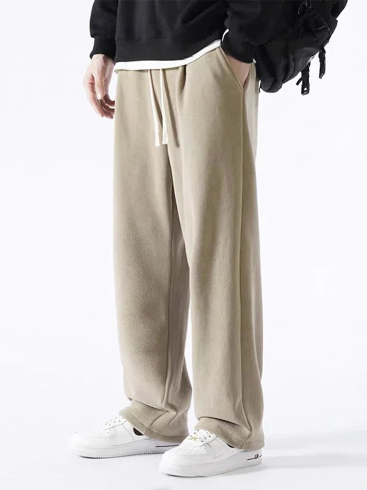 Winter Men's Sweatpants Korean Fashion Thick Warm Fleece Wide Leg Straight Loose Track Pants Male Casual Thermal Velvet Trousers