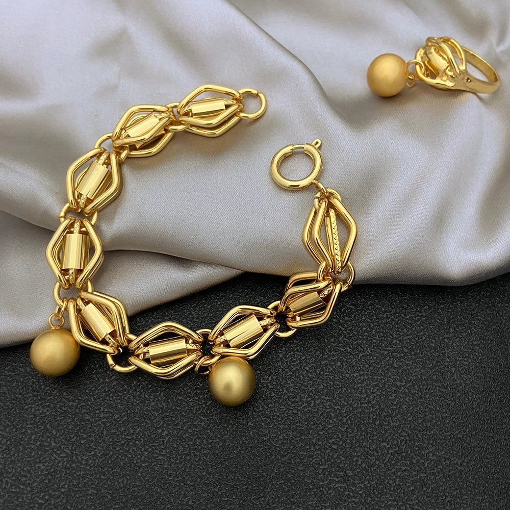 Dubai Nigeria Jewelry Set For Women Classic Design Beads Necklace Earrings Ring Bracelet 18K Gold Plated 4Pcs Set Jewelry