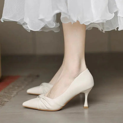 2026 New Women's Pointed Toe Stiletto Heels, Elegant Beige Ruched Pumps, Comfortable Commuter Shoes for Wedding Party Dress