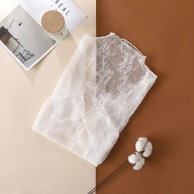 Elegant Sexy Women's Mesh T-Shirts Long Sleeve Lace See Through Blouse Versatile Bottoming Shirt Girls Sheer Tees Body Crop Top