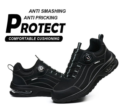 Men's Safety Work Boots Steel Toe Puncture Resistant Kevlar Midsole Air Cushion Black Button Style Industrial Construction Shoes