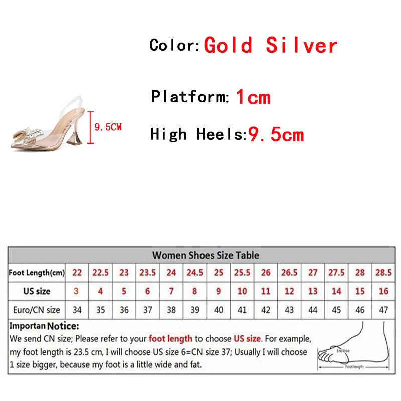 PVC Transparent Women Pumps Sexy Crystal Bowknot Pointed Toe  Slingback High Heels Mules Sandal Female Wedding Prom Shoes
