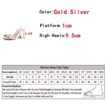 PVC Transparent Women Pumps Sexy Crystal Bowknot Pointed Toe  Slingback High Heels Mules Sandal Female Wedding Prom Shoes