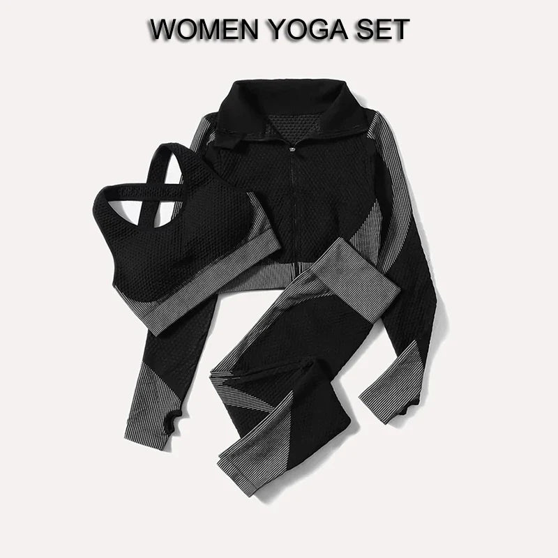 2/3Pcs Women Yoga Suit Seamless Knitted Yoga Pants Leggings Clothing Zipper Long Sleeve Crop Top Fitness Wear Sportswear Gym Set