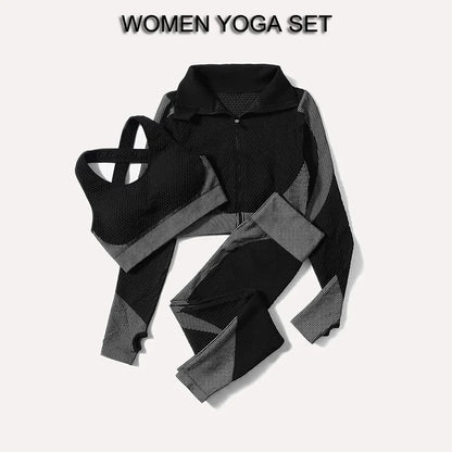 2/3Pcs Women Yoga Suit Seamless Knitted Yoga Pants Leggings Clothing Zipper Long Sleeve Crop Top Fitness Wear Sportswear Gym Set