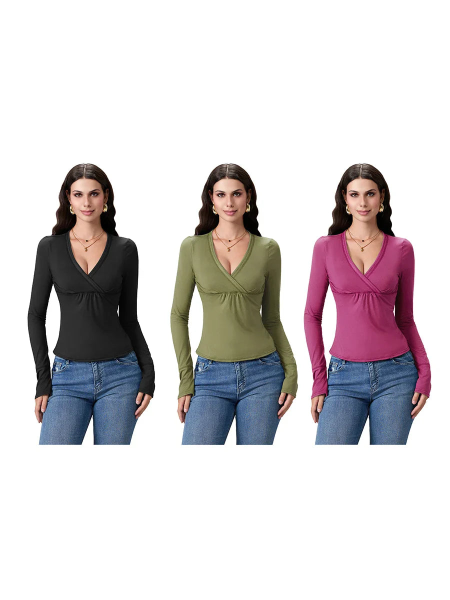 Women y2k Long Sleeve Bodycon T-Shirts Sexy V Neck Low-cut Solid Color Soft Slim Fit Tops Spring Fall Casual Going Out Tee Top