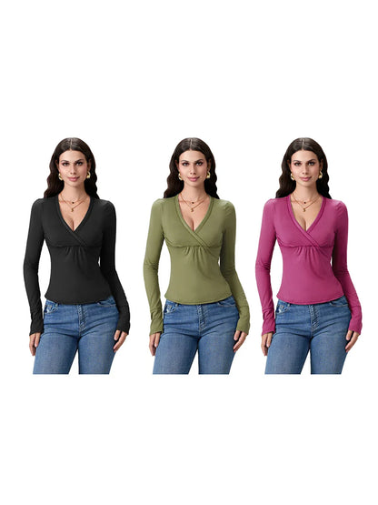 Women y2k Long Sleeve Bodycon T-Shirts Sexy V Neck Low-cut Solid Color Soft Slim Fit Tops Spring Fall Casual Going Out Tee Top