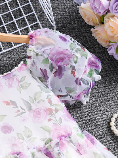 Summer Girl's Cute Square Neck Bubble Sleeve Flower Print Princess Dress Slimming And Ladylike Dress