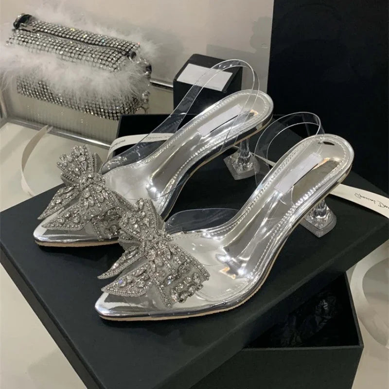 Summer Fashion Women Pumps Sandals Sexy Slingback High Heels Rhinestones Elegant Pointed Toe Transparent PVC Party Shoes