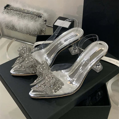 Summer Fashion Women Pumps Sandals Sexy Slingback High Heels Rhinestones Elegant Pointed Toe Transparent PVC Party Shoes