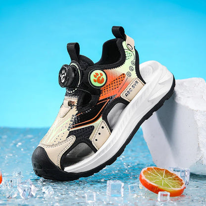 Kids Rotating Button Closed-Toe Sandals, Breathable Mesh Sport Shoes for Boys, Non-Slip Adjustable Summer Beach Sneakers