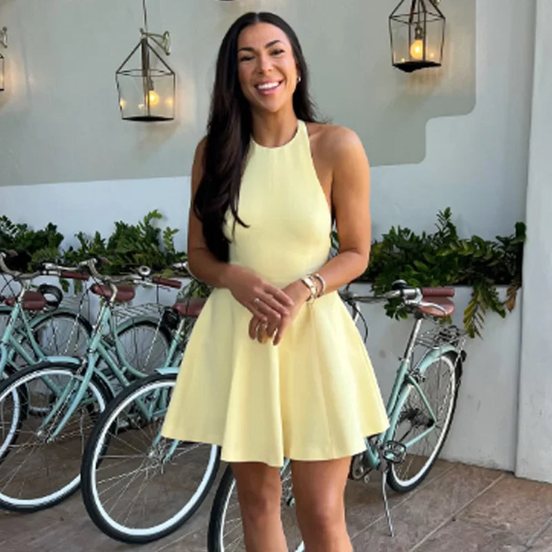 Halter Short Dress Womens Dresses Red Yellow Dress Woman Summer 2025 Ruffled Backless Sleeveless Vestidos Elegant Dress 066
